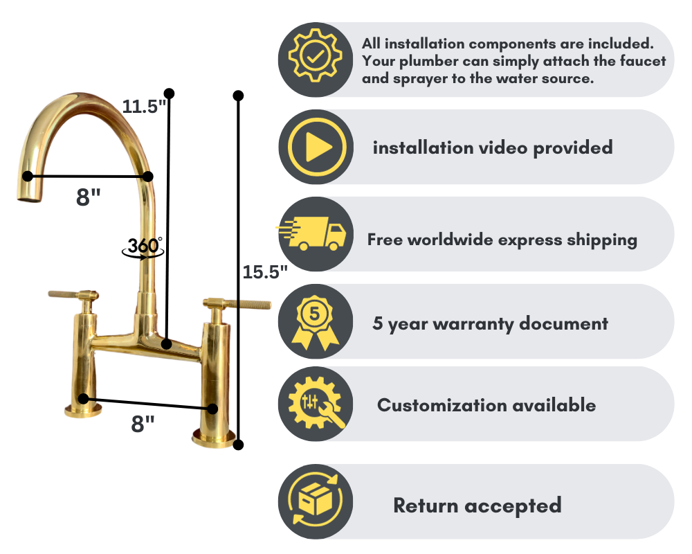 Unlacquered Brass Kitchen Bridge Faucet With Sprayer - Triazadesigns