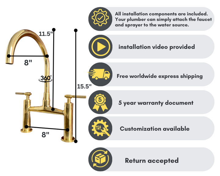 Unlacquered Brass Kitchen Bridge Faucet With Sprayer - Triazadesigns
