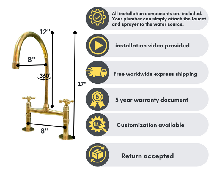 UNLACQUERED BRASS BRIDGE FAUCET - ANTIQUE BRASS KITCHEN FAUCET - Triazadesigns