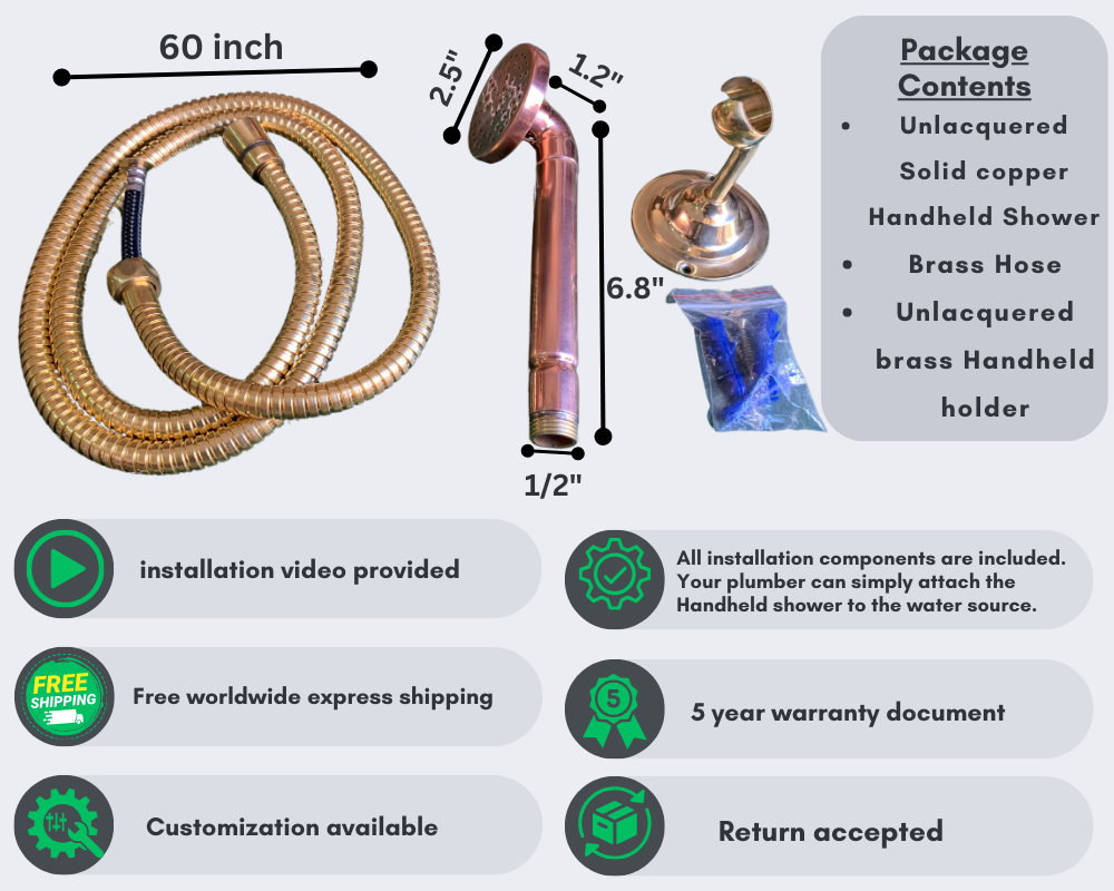 Copper Hand Shower, Unlacquered Handheld outdoor copper shower head with Hose and Holder. - Triazadesigns