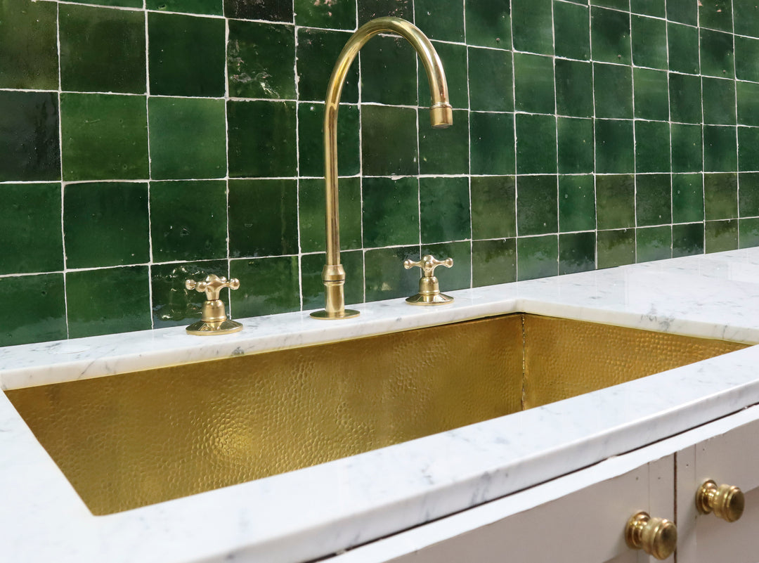 Unlacquered Brass Gooseneck Deck Mounted Kitchen Faucet - Triazadesigns