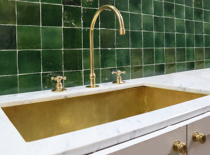 Unlacquered Brass Gooseneck Deck Mounted Kitchen Faucet - Triazadesigns