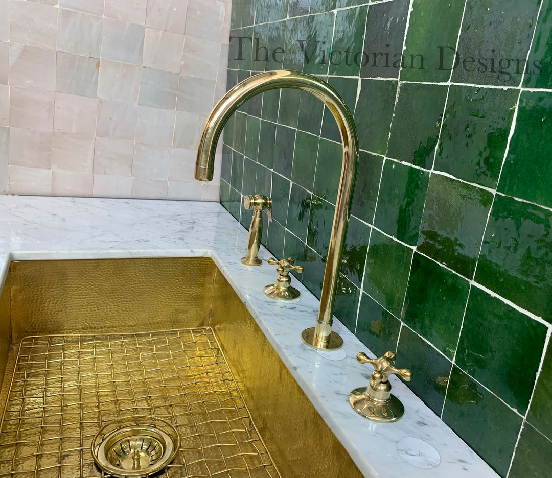 Unlacquered Brass Gooseneck Deck Mounted Kitchen Faucet - Triazadesigns