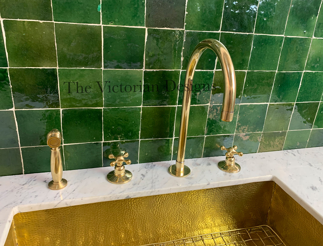 Unlacquered Brass Gooseneck Deck Mounted Kitchen Faucet - Triazadesigns