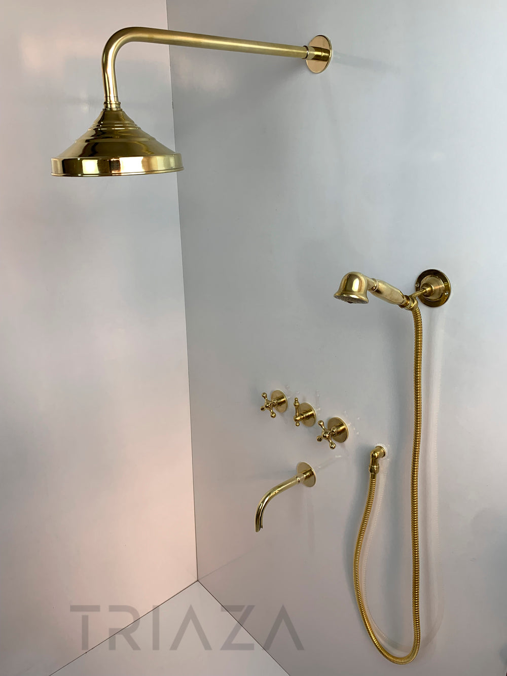 UNLACQUERED BRASS LUXURY SHOWER HEADS AND TUB FILLER - Triazadesigns