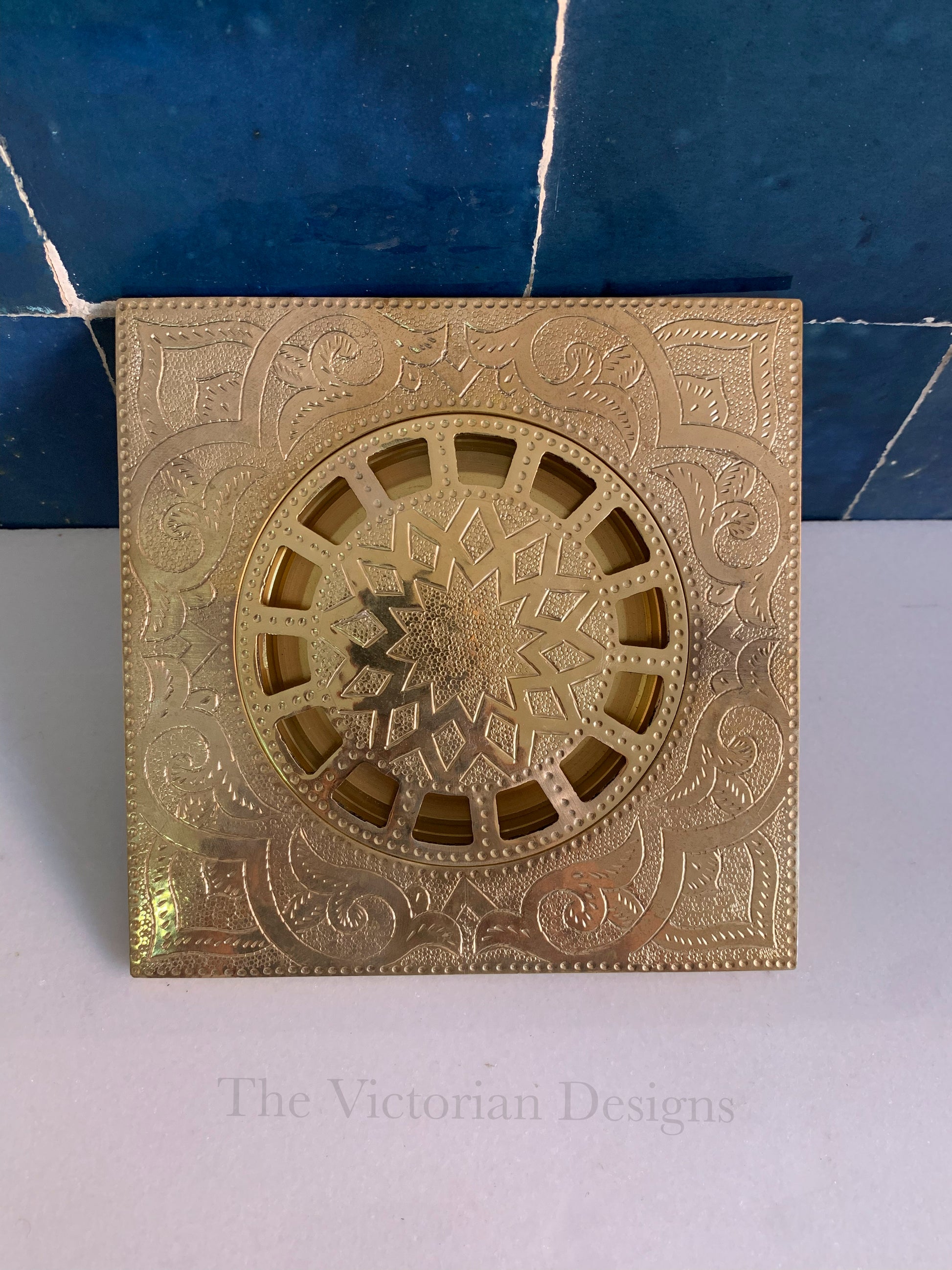 unlacquered solid brass Engraved floor drain - Triazadesigns