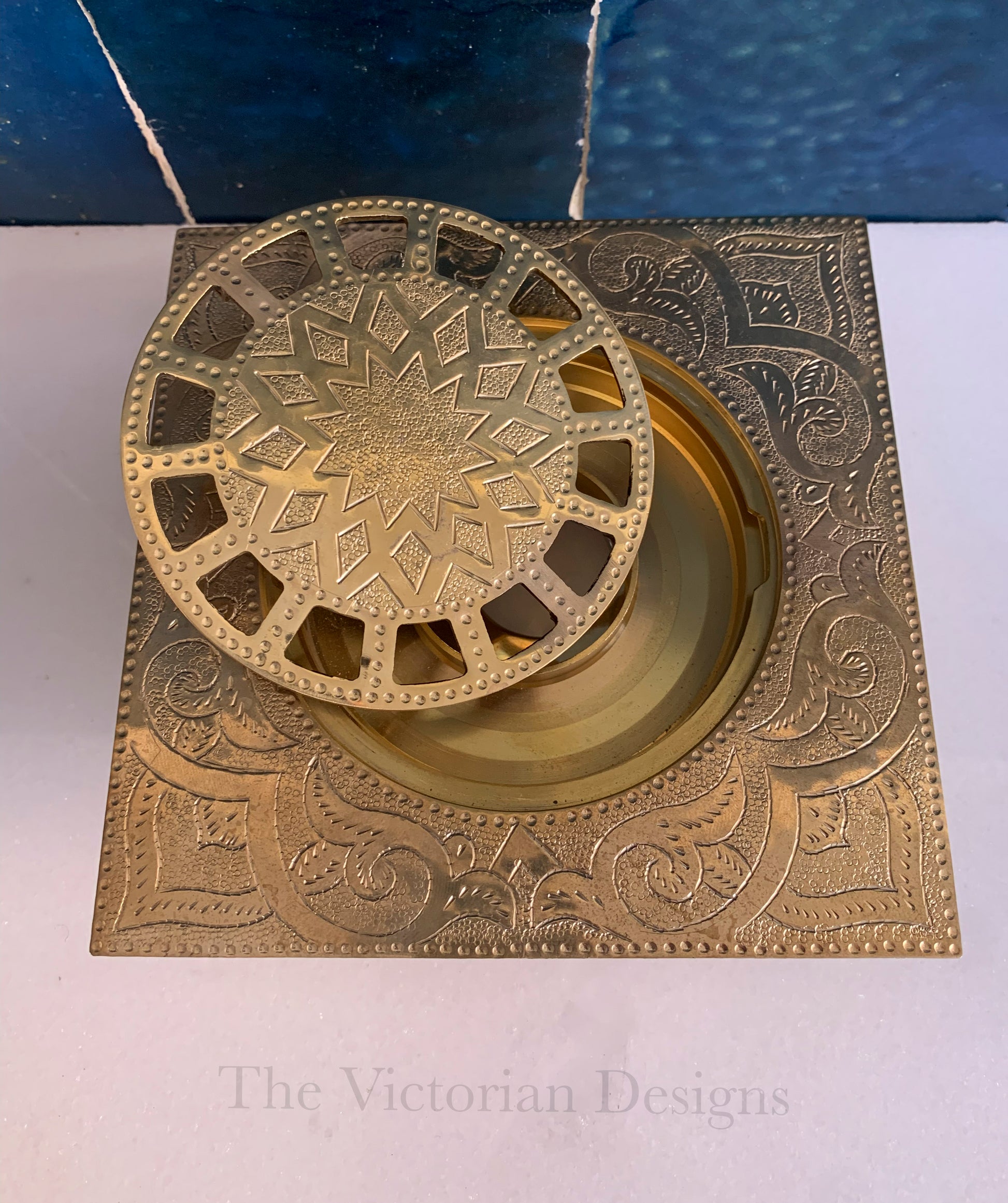 unlacquered solid brass Engraved floor drain - Triazadesigns