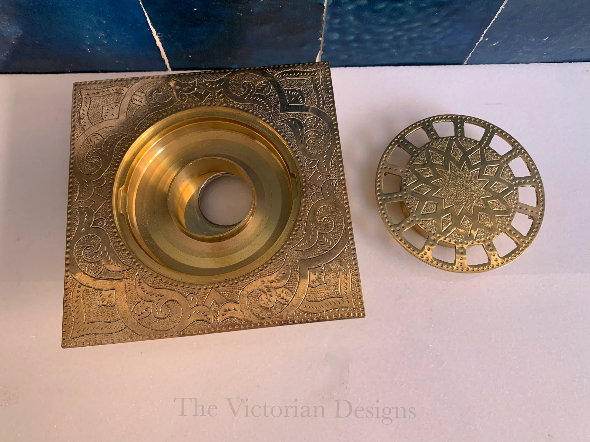 unlacquered solid brass Engraved floor drain - Triazadesigns