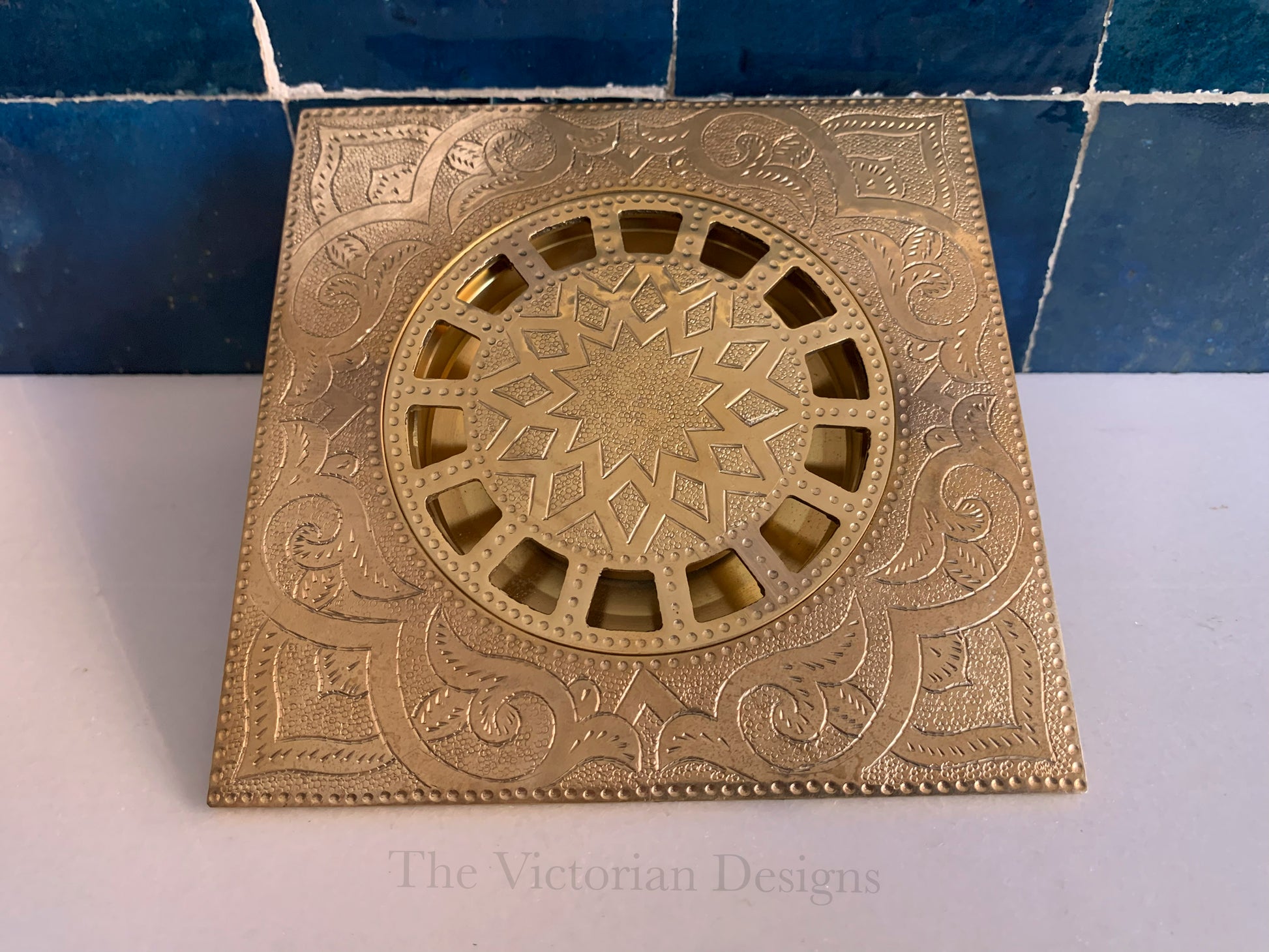 unlacquered solid brass Engraved floor drain - Triazadesigns