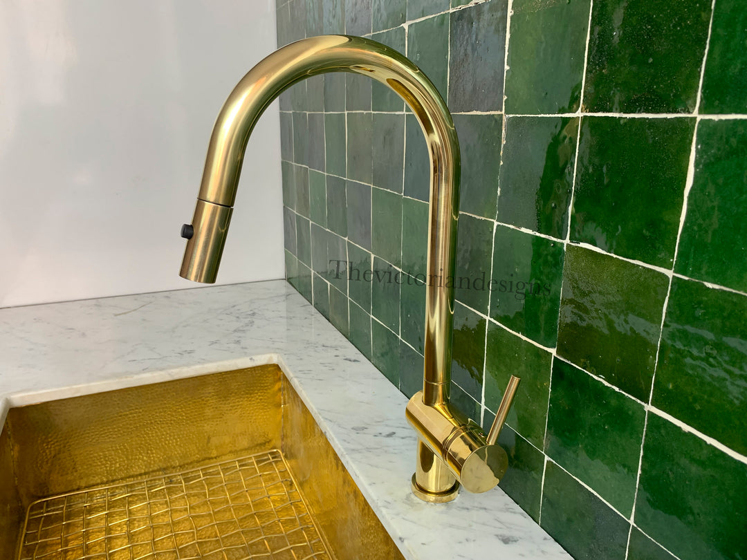 Unlacquered Brass Single Handle Pull-Down Kitchen Faucet - Triazadesigns