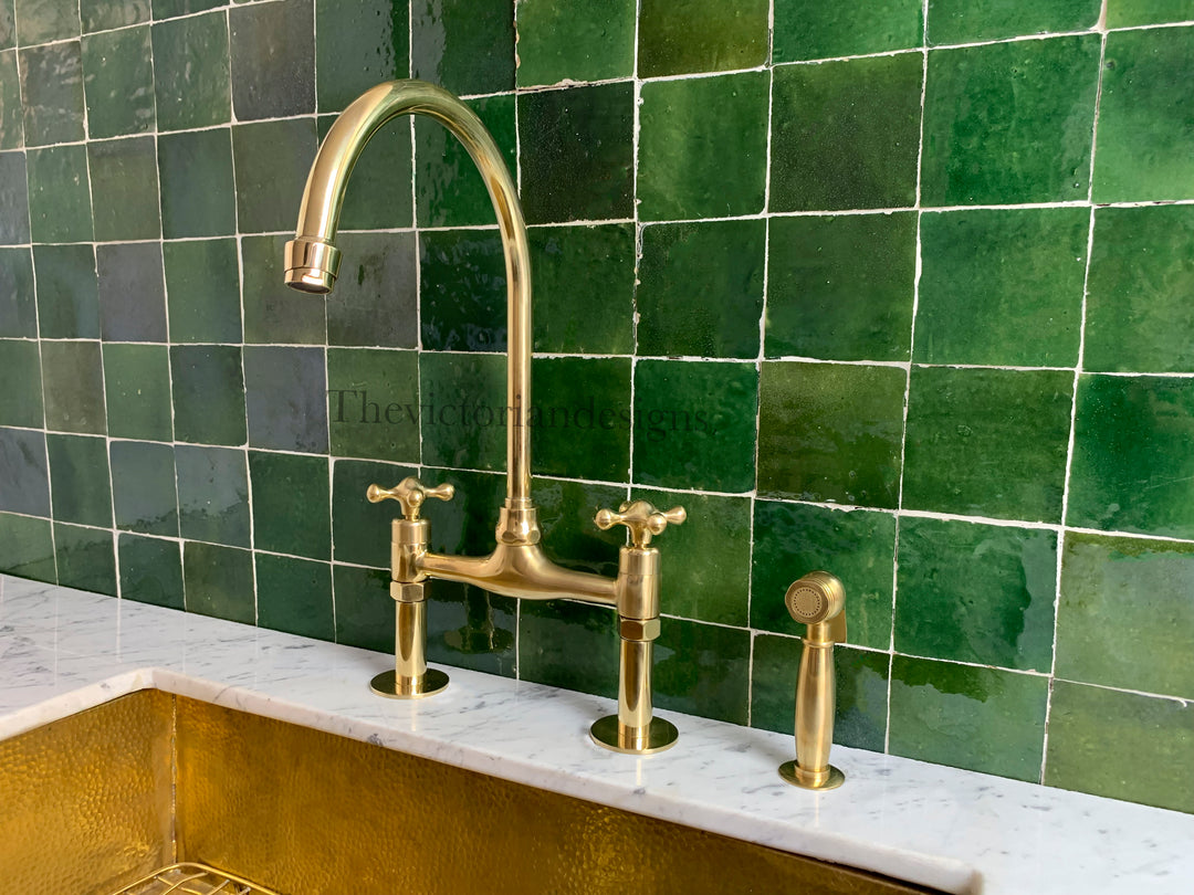 Unlacquered Brass Bridge Faucet - Antique Brass Kitchen Faucet - Triazadesigns