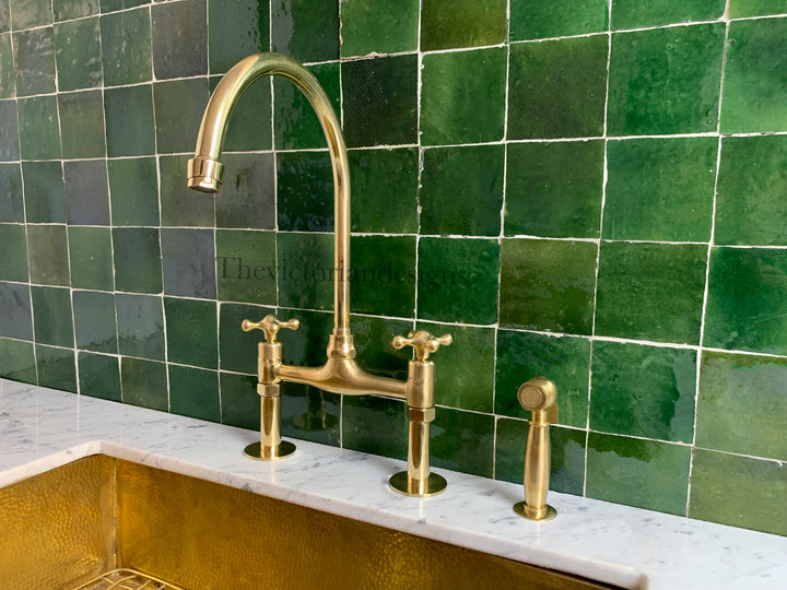 Unlacquered Brass Bridge Faucet - Antique Brass Kitchen Faucet - Triazadesigns