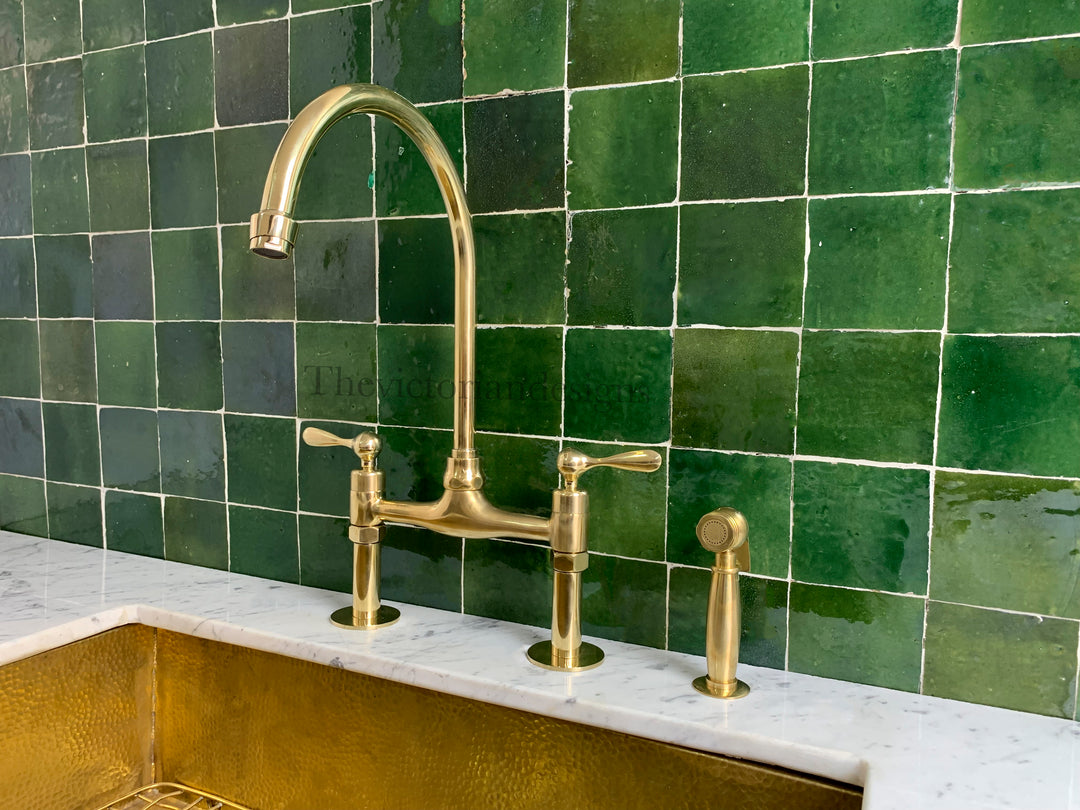 Unlacquered Brass Bridge Faucet - Antique Brass Kitchen Faucet - Triazadesigns