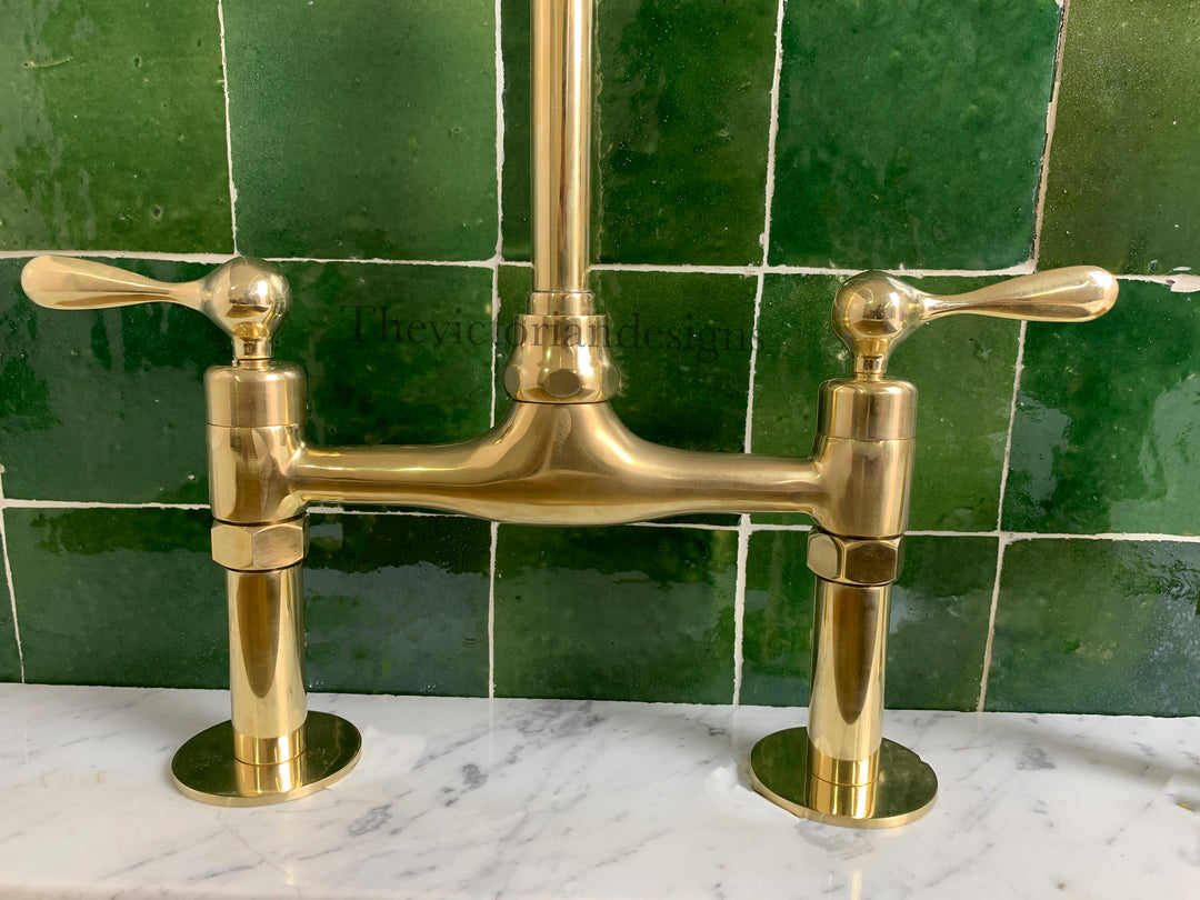 Unlacquered Brass Bridge Faucet - Antique Brass Kitchen Faucet - Triazadesigns