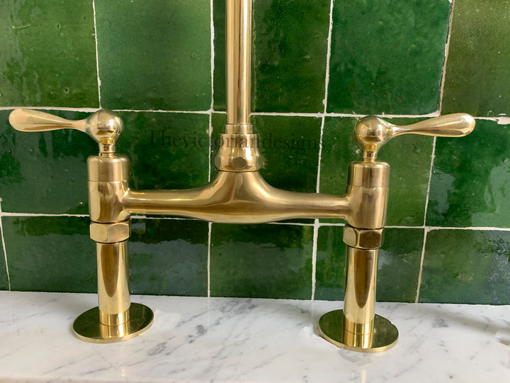 Unlacquered Brass Bridge Faucet - Antique Brass Kitchen Faucet - Triazadesigns