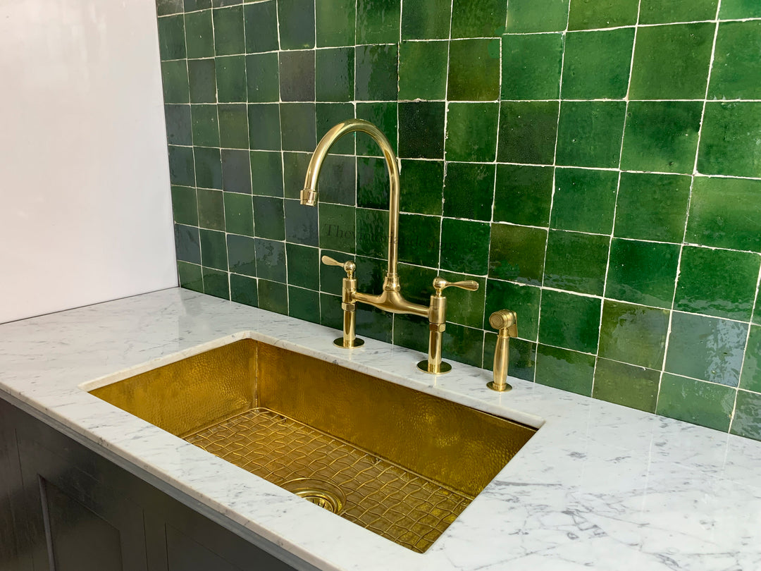 Unlacquered Brass Bridge Faucet - Antique Brass Kitchen Faucet - Triazadesigns