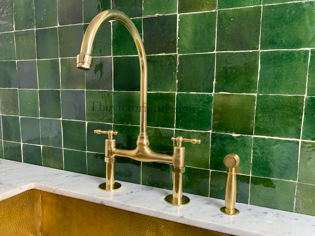 Unlacquered Brass Bridge Faucet - Antique Brass Kitchen Faucet - Triazadesigns