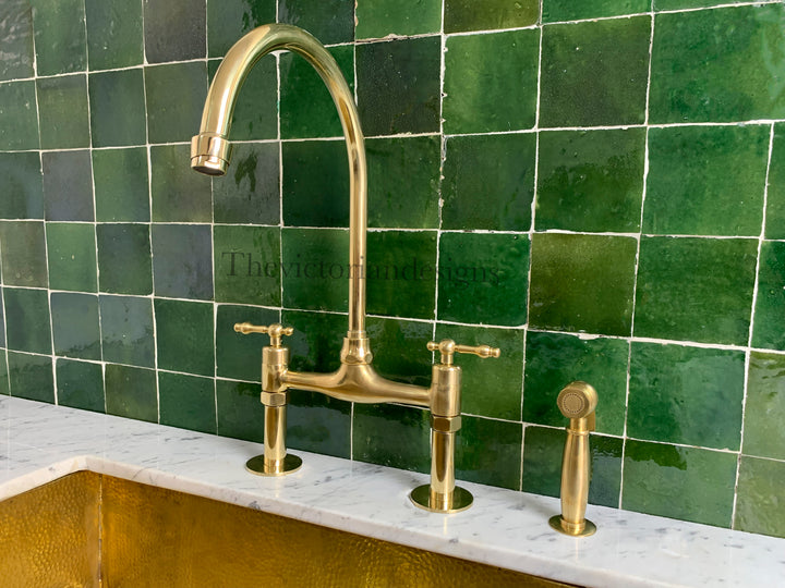 Unlacquered Brass Bridge Faucet - Antique Brass Kitchen Faucet - Triazadesigns
