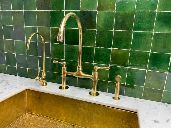 Unlacquered Brass Bridge Faucet - Antique Brass Kitchen Faucet - Triazadesigns