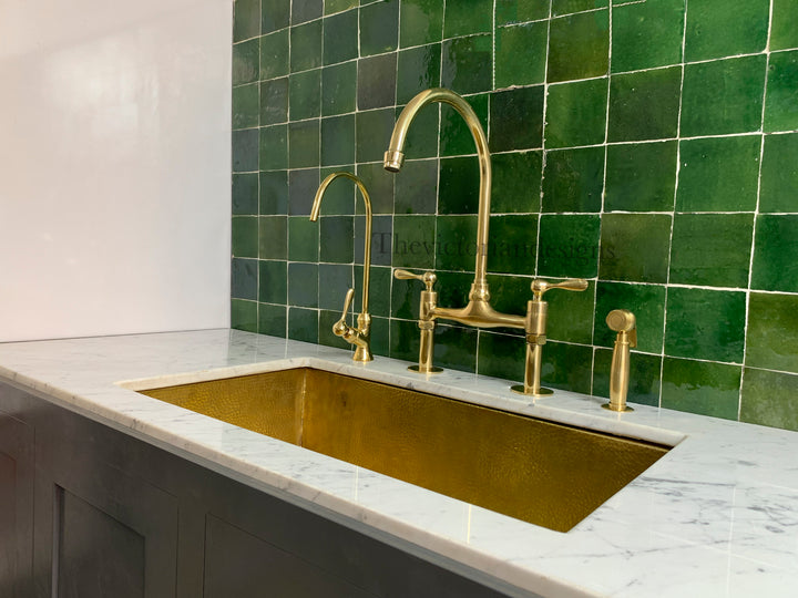 Unlacquered Brass Bridge Faucet - Antique Brass Kitchen Faucet - Triazadesigns