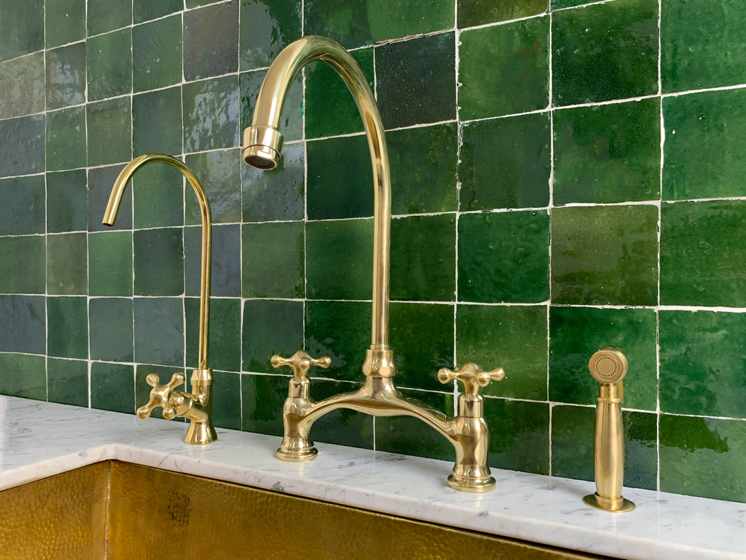Unlacquered Brass Kitchen Bridge Faucet Vectorian Style - Triazadesigns