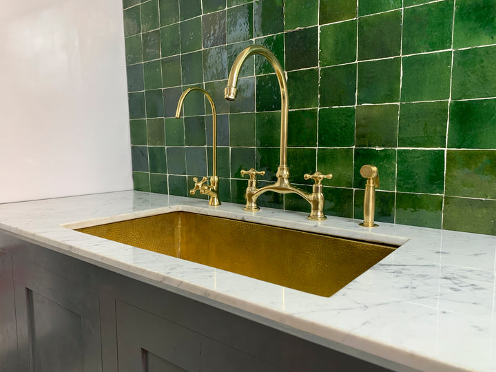 Unlacquered Brass Kitchen Bridge Faucet Vectorian Style - Triazadesigns