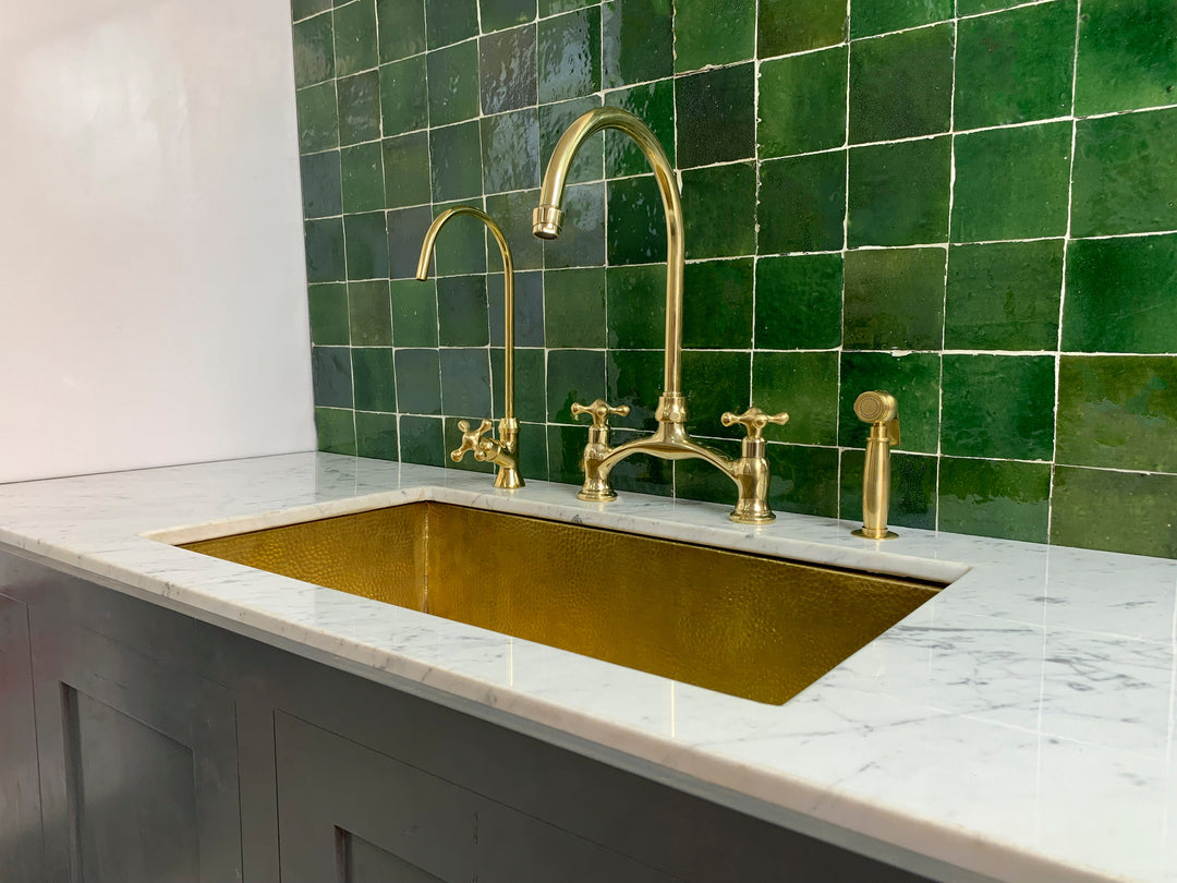 Unlacquered Brass Kitchen Bridge Faucet Vectorian Style - Triazadesigns