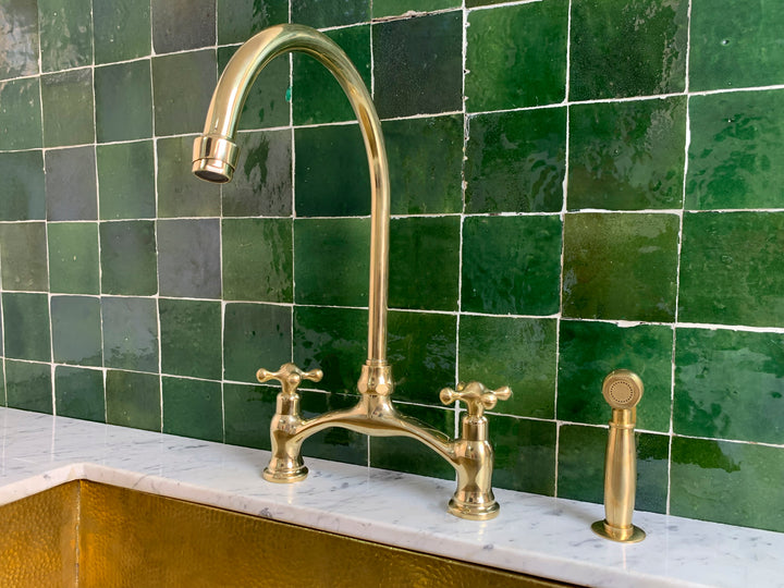 Unlacquered Brass Kitchen Bridge Faucet Vectorian Style - Triazadesigns