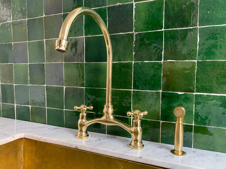 Unlacquered Brass Kitchen Bridge Faucet Vectorian Style - Triazadesigns