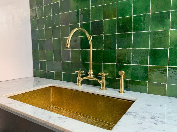 Unlacquered Brass Kitchen Bridge Faucet Vectorian Style - Triazadesigns
