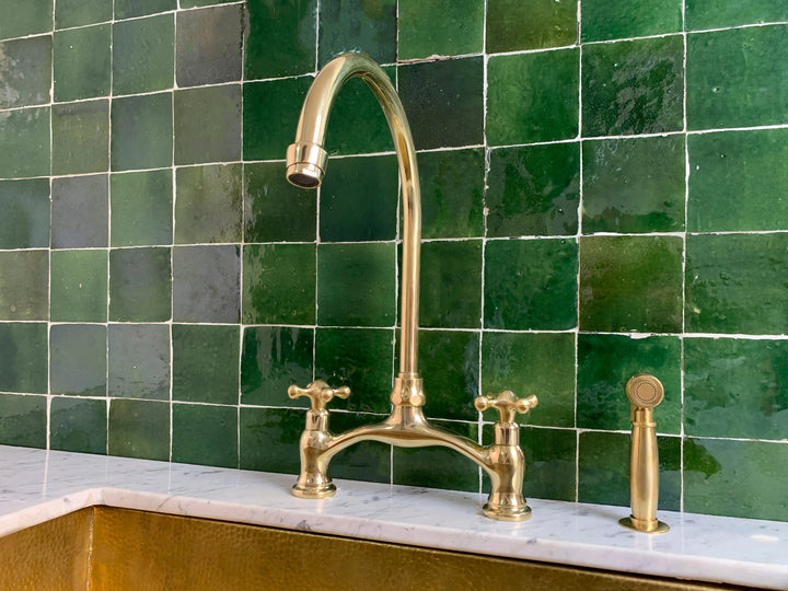 Unlacquered Brass Kitchen Bridge Faucet Vectorian Style - Triazadesigns