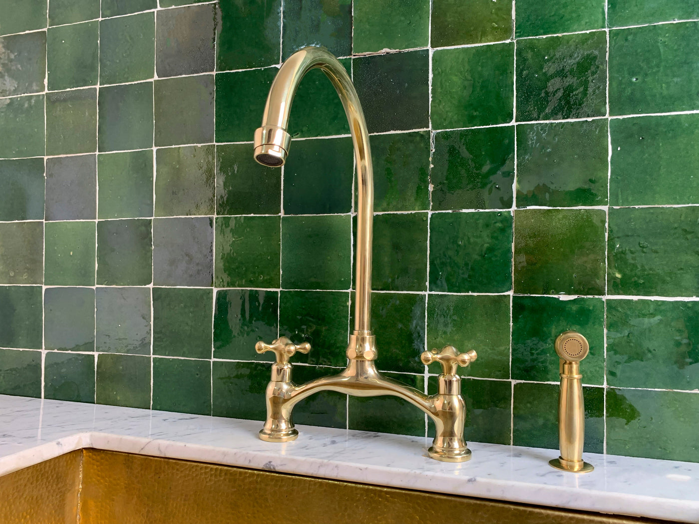 Unlacquered Brass Kitchen Bridge Faucet Vectorian Style - Triazadesigns
