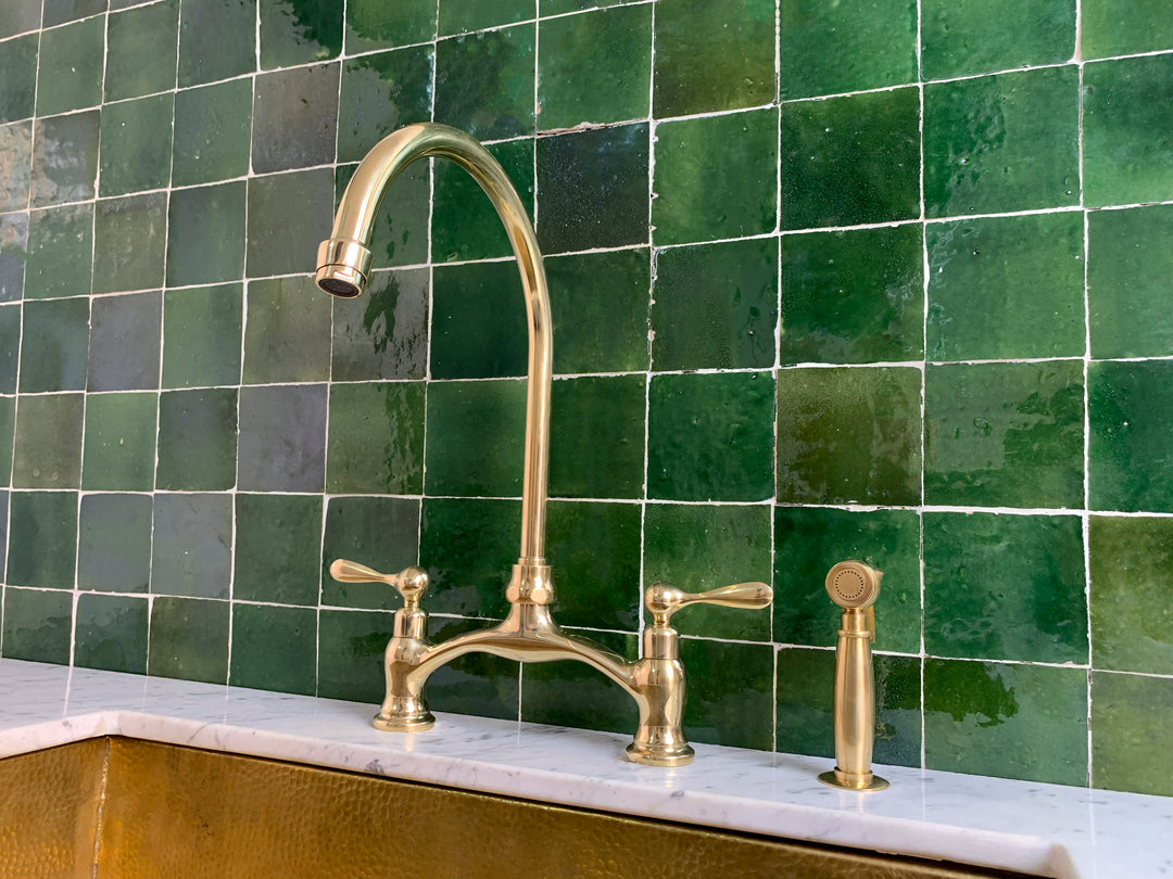 Unlacquered Brass Kitchen Bridge Faucet Vectorian Style - Triazadesigns