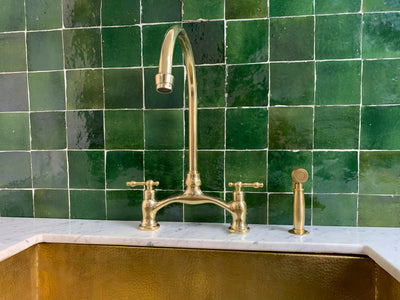 Unlacquered Brass Kitchen Bridge Faucet Vectorian Style - Triazadesigns