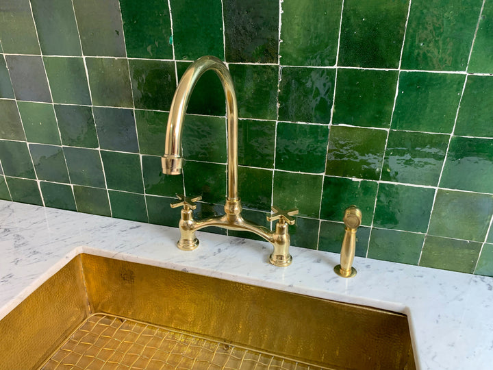 Unlacquered Brass Kitchen Bridge Faucet Vectorian Style - Triazadesigns