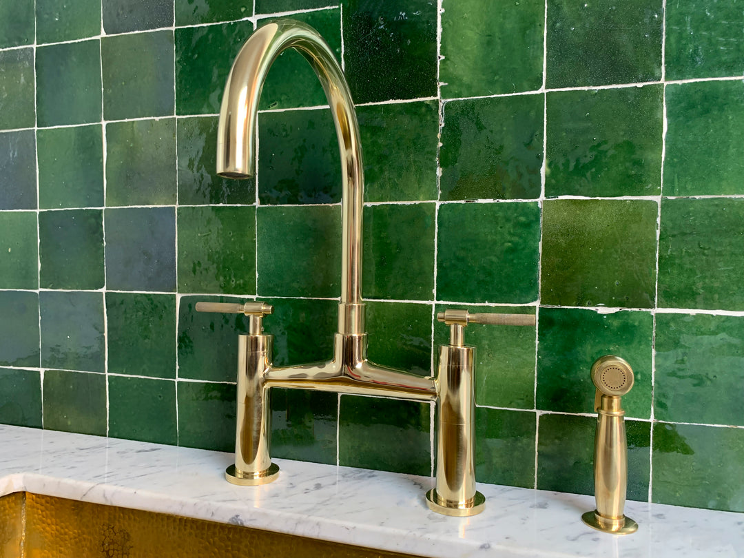 Unlacquered Brass Kitchen Bridge Faucet With Sprayer - Triazadesigns