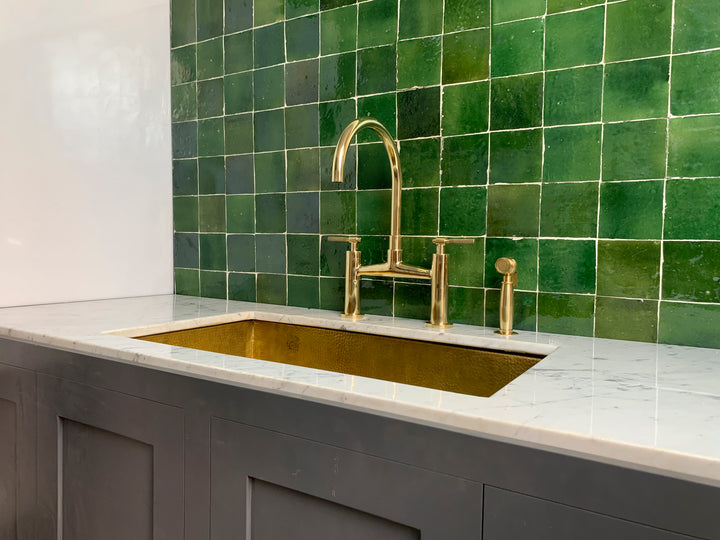 Unlacquered Brass Kitchen Bridge Faucet With Sprayer - Triazadesigns