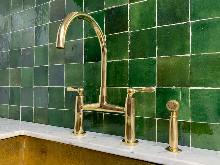 Unlacquered Brass Kitchen Bridge Faucet With Sprayer - Triazadesigns