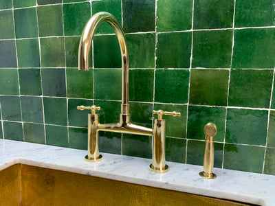 Unlacquered Brass Kitchen Bridge Faucet With Sprayer - Triazadesigns