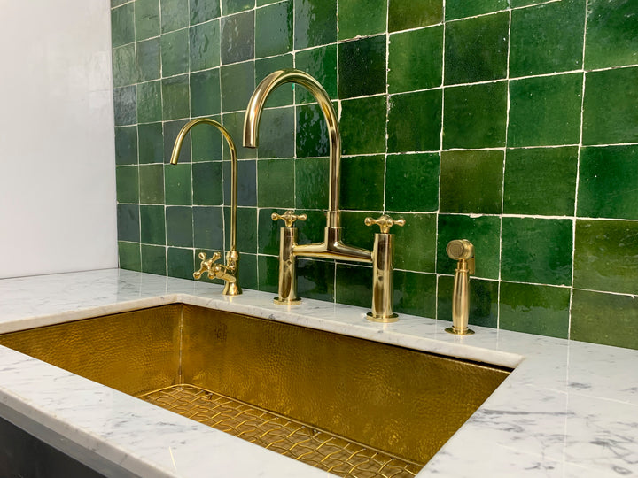 Unlacquered Brass Kitchen Bridge Faucet With Sprayer - Triazadesigns