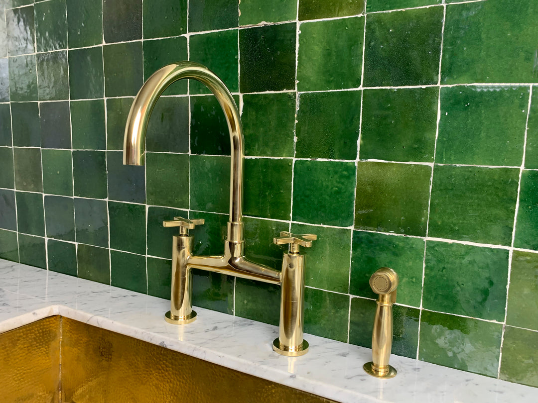 Unlacquered Brass Kitchen Bridge Faucet With Sprayer - Triazadesigns