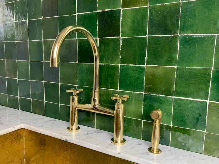 Unlacquered Brass Kitchen Bridge Faucet With Sprayer - Triazadesigns