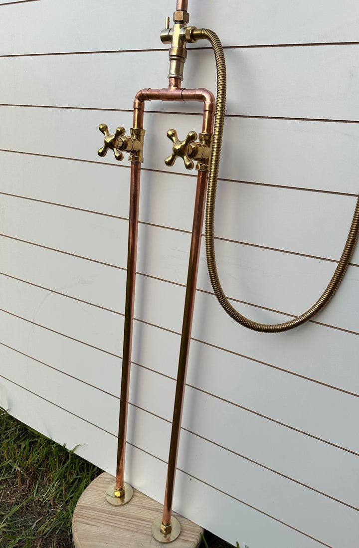 Floor Mounted Solid Copper Outdoor Shower with 8" Rainfall Head &amp; Solid copper Handheld combo