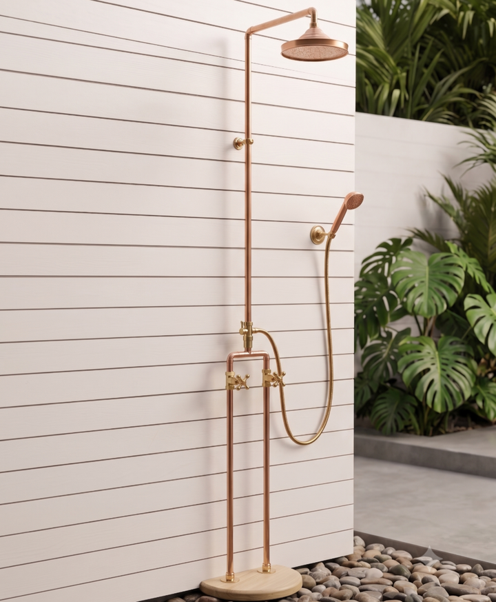 Floor Mounted Solid Copper Outdoor Shower with 8" Rainfall Head &amp; Solid copper Handheld combo