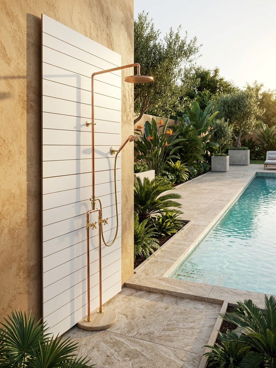 Floor Mounted Solid Copper Outdoor Shower with 8" Rainfall Head &amp; Solid copper Handheld combo