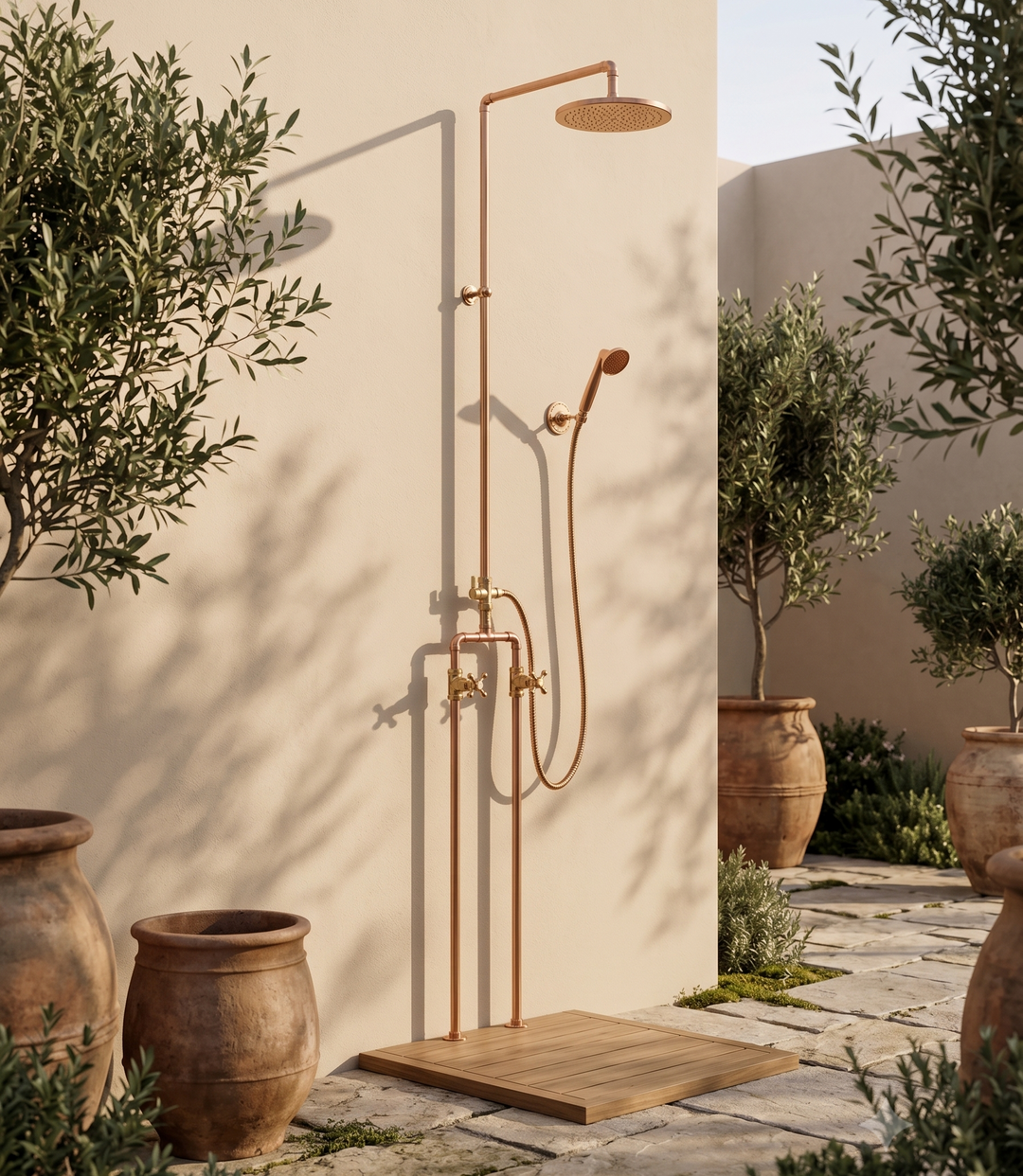 Floor Mounted Solid Copper Outdoor Shower with 8" Rainfall Head &amp; Solid copper Handheld combo