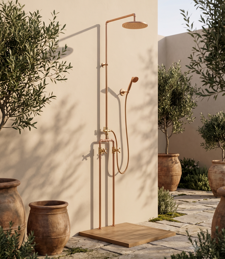 Floor Mounted Solid Copper Outdoor Shower with 8" Rainfall Head &amp; Solid copper Handheld combo