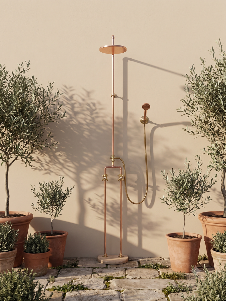 Floor Mounted Solid Copper Outdoor Shower with 8" Rainfall Head &amp; Solid copper Handheld combo