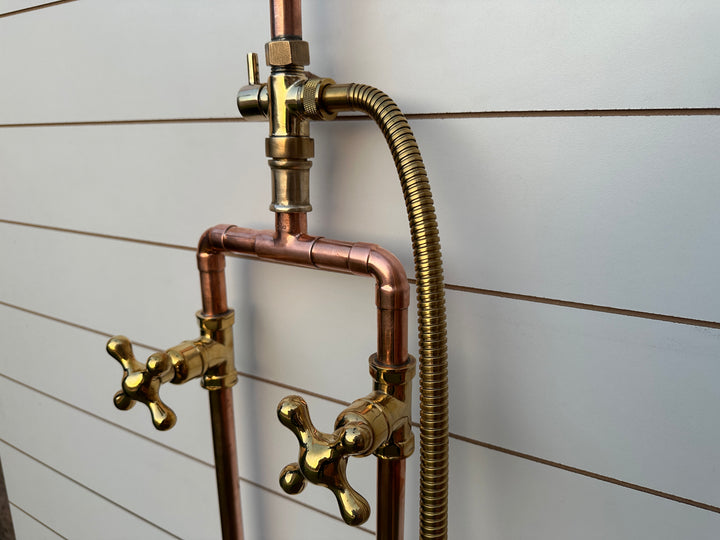 Floor Mounted Solid Copper Outdoor Shower with 8" Rainfall Head &amp; Solid copper Handheld combo