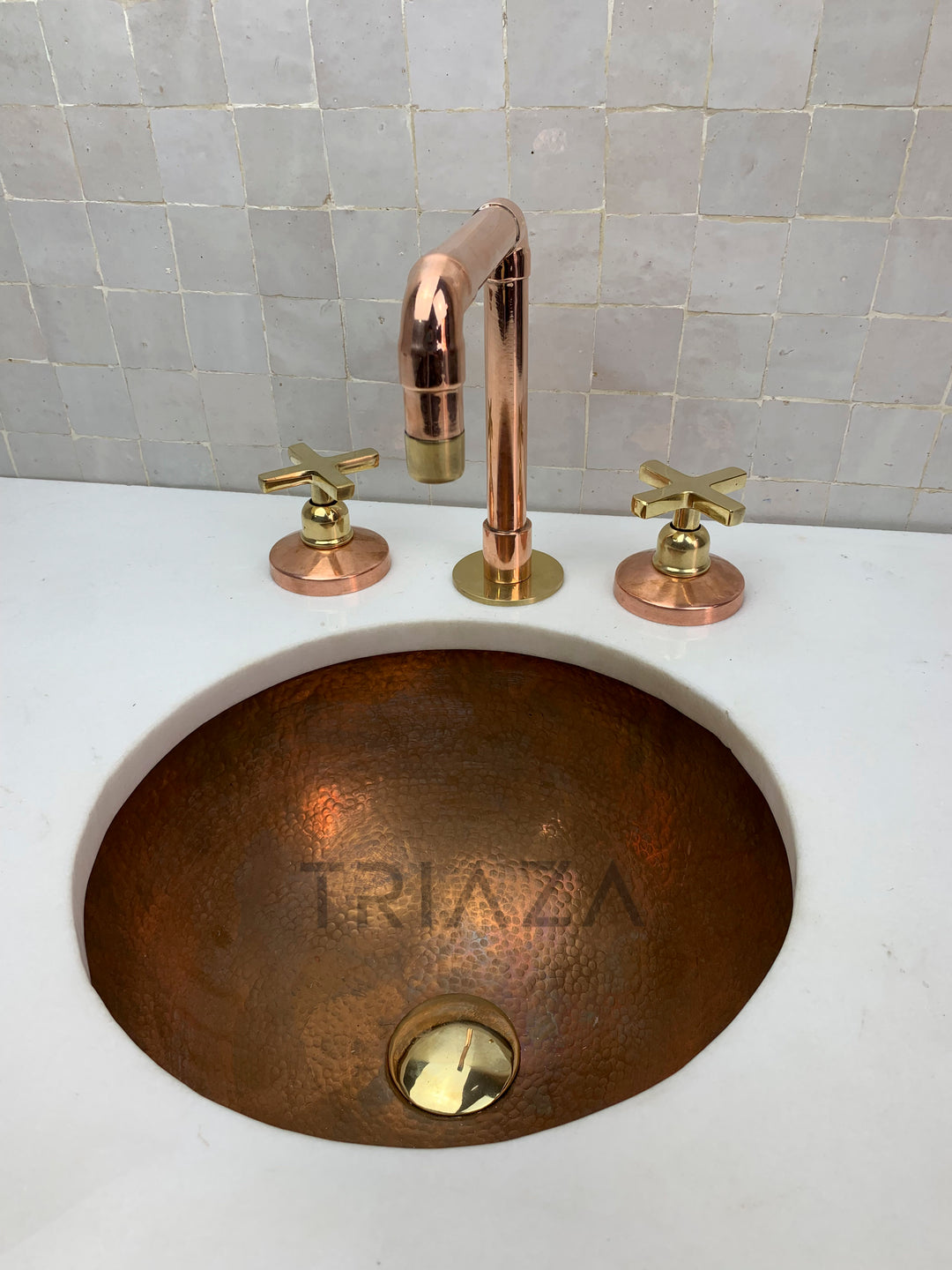 Unlacquered copper bathroom tap - deck mount 3 hole copper tap - Triazadesigns